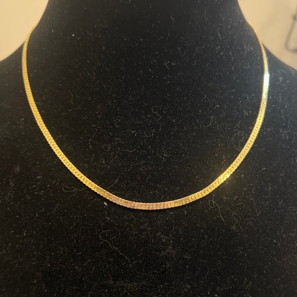 Vtg Gold Tone Herringbone Chain Necklace Flat Snake Liquid‎ Gold 17 Inch
